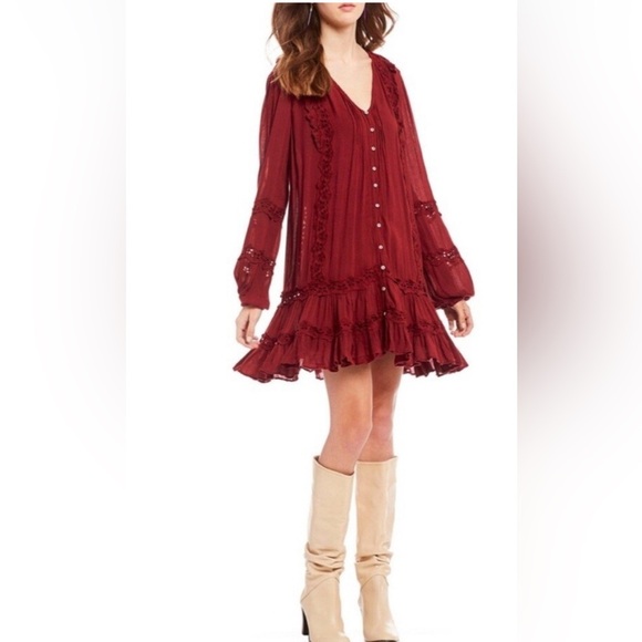 Free People Snow Angel mini boho maroon oversized shapeless dress Elegant SZ/L - Picture 1 of 13